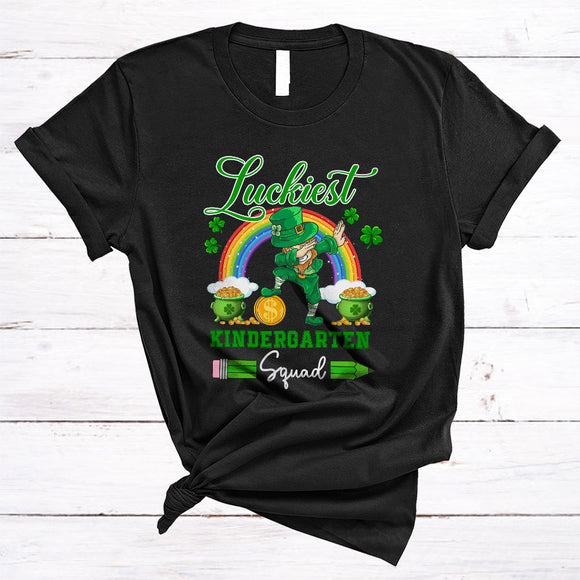 MacnyStore - Luckiest Kindergarten Squad, Cheerful St. Patrick's Day Dabbing Irish Rainbow, Teaching Teacher Group T-Shirt