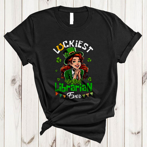 MacnyStore - Luckiest Librarian Ever, Wonderful St. Patrick's Day Irish Girl Women, Lucky Shamrock Horseshoe T-Shirt