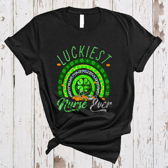 MacnyStore - Luckiest Nurse Ever, Joyful St. Patrick's Day Shamrock Rainbow, Matching Nursing Nurse Group T-Shirt