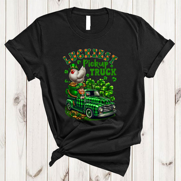 MacnyStore - Luckiest Pickup Truck, Cool St. Patrick's Day Chicken Farmer Plaid Pickup Truck Driver, Shamrock T-Shirt