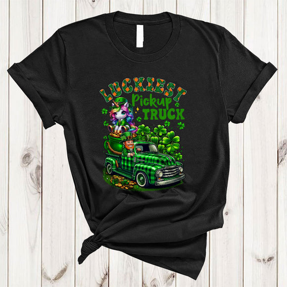 MacnyStore - Luckiest Pickup Truck, Cool St. Patrick's Day Unicorn Plaid Pickup Truck Driver, Shamrock T-Shirt