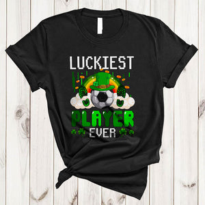 MacnyStore - Luckiest Player Ever, Cheerful St. Patrick's Day Green Soccer Player, Lucky Shamrock Rainbow T-Shirt
