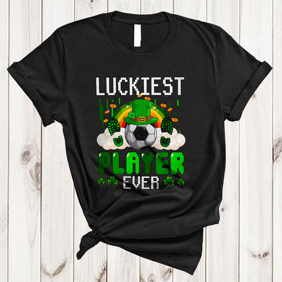 MacnyStore - Luckiest Player Ever, Cheerful St. Patrick's Day Green Soccer Player, Lucky Shamrock Rainbow T-Shirt