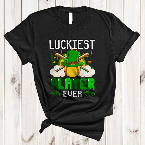 MacnyStore - Luckiest Player Ever, Cheerful St. Patrick's Day Green Softball Player, Lucky Shamrock Rainbow T-Shirt
