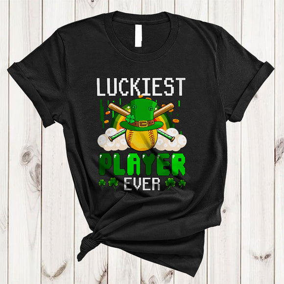 MacnyStore - Luckiest Player Ever, Cheerful St. Patrick's Day Green Softball Player, Lucky Shamrock Rainbow T-Shirt