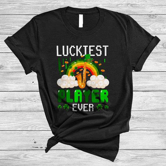 MacnyStore - Luckiest Player Ever, Joyful St. Patrick's Day Rainbow Saxophone Player, Lucky Shamrock Irish Family T-Shirt