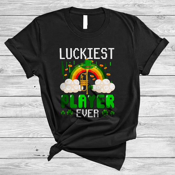 MacnyStore - Luckiest Player Ever, Joyful St. Patrick's Day Rainbow Trumpet Player, Lucky Shamrock Irish Family T-Shirt
