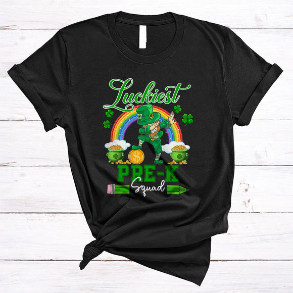 MacnyStore - Luckiest Pre-K Squad, Cheerful St. Patrick's Day Dabbing Irish Rainbow, Teaching Teacher Group T-Shirt