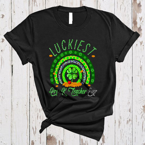 MacnyStore - Luckiest Pre-K Teacher Ever, Joyful St. Patrick's Day Shamrock Rainbow, Teacher Group T-Shirt