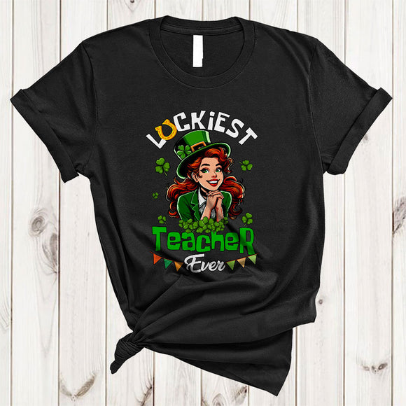 MacnyStore - Luckiest Teacher Ever, Wonderful St. Patrick's Day Irish Girl Women, Lucky Shamrock Horseshoe T-Shirt