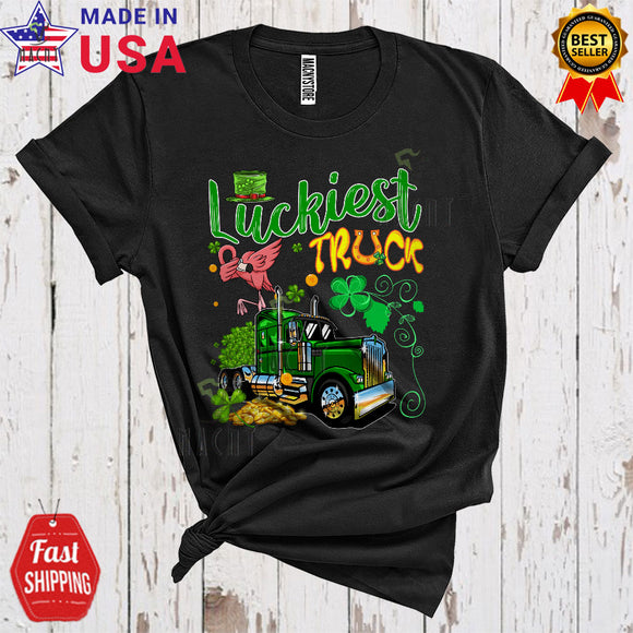 MacnyStore - Luckiest Truck Cute Funny St. Patrick's Day Shamrock Dabbing Flamingo Truck Driver Trucker T-Shirt
