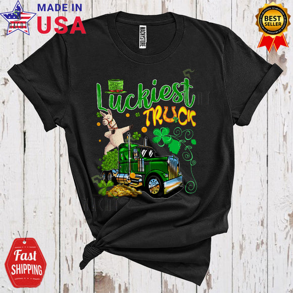 MacnyStore - Luckiest Truck Cute Funny St. Patrick's Day Shamrock Dabbing Llama Farmer Truck Driver Trucker T-Shirt