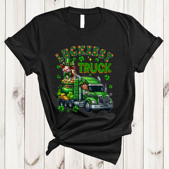 MacnyStore - Luckiest Truck, Awesome St. Patrick's Day Cow Farmer Plaid Truck Driver, Shamrock Trucker T-Shirt