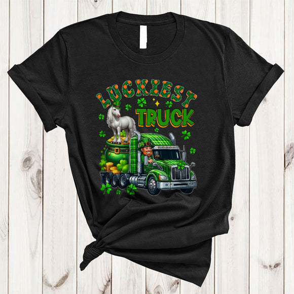MacnyStore - Luckiest Truck, Awesome St. Patrick's Day Horse Farmer Plaid Truck Driver, Shamrock Trucker T-Shirt