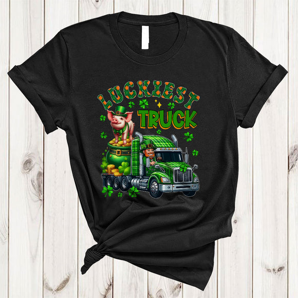 MacnyStore - Luckiest Truck, Awesome St. Patrick's Day Pig Farmer Plaid Truck Driver, Shamrock Trucker T-Shirt
