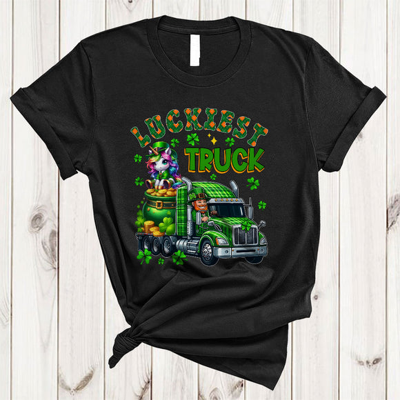 MacnyStore - Luckiest Truck, Awesome St. Patrick's Day Unicorn Plaid Truck Driver, Shamrock Trucker T-Shirt