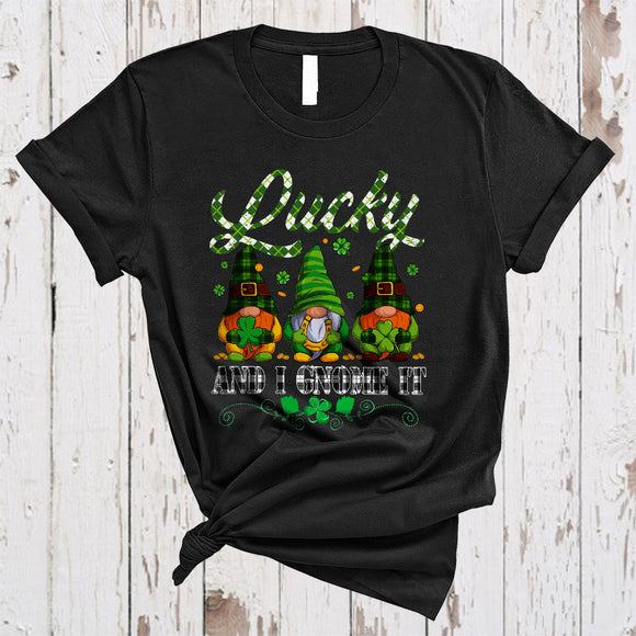 MacnyStore - Lucky And I Gnome It, Lovely Plaid St. Patrick's Day Three Gnomes Gnomies Lover, Shamrocks T-Shirt
