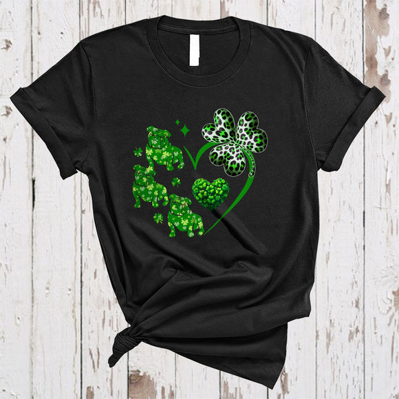 MacnyStore - Lucky Bulldog Shamrock Heart Shape, Lovely St. Patrick's Day Leopard Shamrock, Irish Group T-Shirt