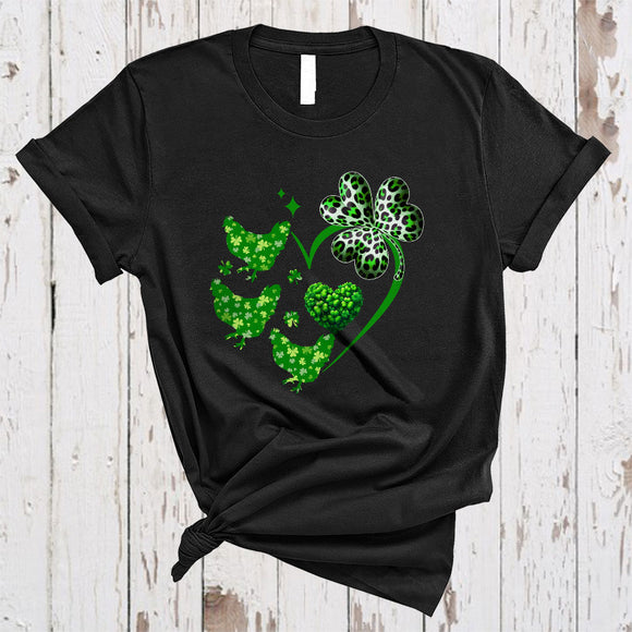 MacnyStore - Lucky Chicken Shamrock Heart Shape, Lovely St. Patrick's Day Leopard Shamrock, Irish Group T-Shirt