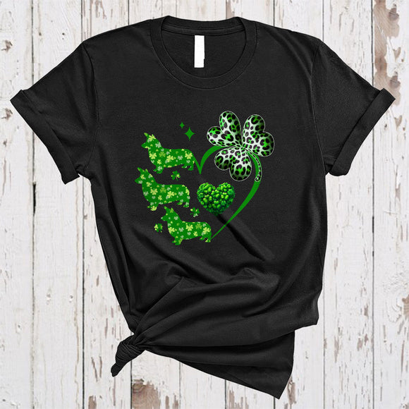 MacnyStore - Lucky Corgi Shamrock Heart Shape, Lovely St. Patrick's Day Leopard Shamrock, Irish Group T-Shirt