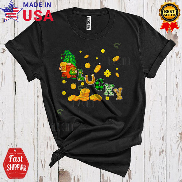 MacnyStore - Lucky Cute Funny St. Patrick's Day Plaid Irish Gold Coin Shamrock Gnome Drinking Beer Lover T-Shirt