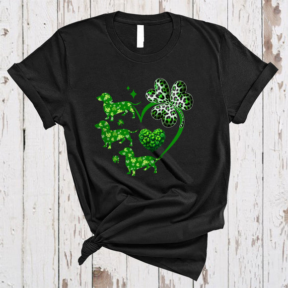 MacnyStore - Lucky Dachshund Shamrock Heart Shape, Lovely St. Patrick's Day Leopard Shamrock, Irish Group T-Shirt