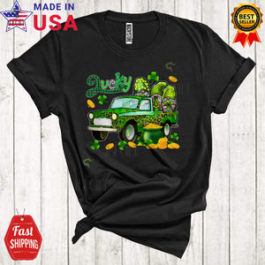 MacnyStore - Lucky Funny Cool St. Patrick's Day Leopard Plaid Shamrock Three Gnomes On Pickup Truck Lover T-Shirt