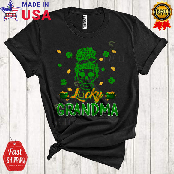 MacnyStore - Lucky Grandma Funny Happy St. Patrick's Day Green Skull Woman Bun Hair Shamrocks Family Group T-Shirt