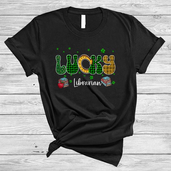MacnyStore - Lucky Librarian Crew, Amazing St. Patrick's Day Leopard Plaid Horseshoes, Irish Family Group T-Shirt