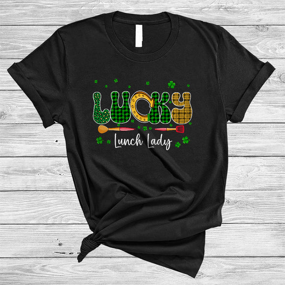 MacnyStore - Lucky Lunch Lady Crew, Amazing St. Patrick's Day Leopard Plaid Horseshoes, Irish Family Group T-Shirt