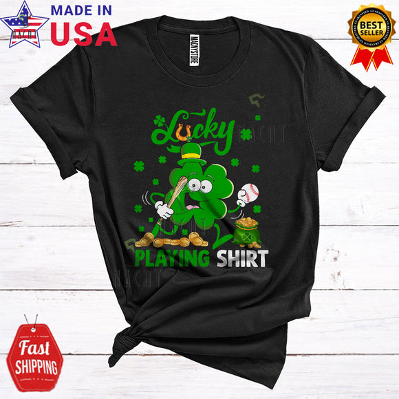 MacnyStore - Lucky Playing Shirt Funny Cute St. Patrick's Day Leprechaun Shamrock Playing Baseball Player Team T-Shirt