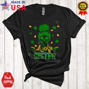 MacnyStore - Lucky Sister Funny Happy St. Patrick's Day Green Skull Woman Bun Hair Shamrocks Family Group T-Shirt