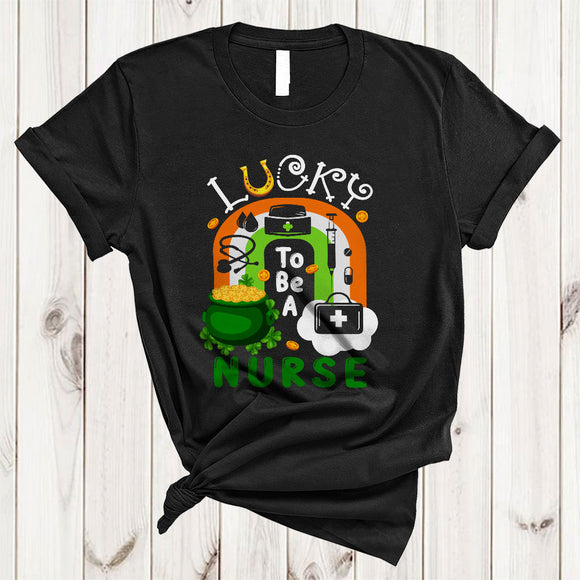 MacnyStore - Lucky To Be A Nurse, Wonderful St. Patrick's Day Pot Of Gold Rainbow, Irish Shamrock T-Shirt