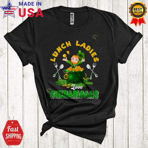 MacnyStore - Lunch Ladies Love Shenanigans Cute Happy St. Patrick's Day Leprechaun In Pot Of Gold Coins Lover T-Shirt