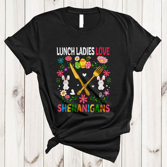 MacnyStore - Lunch Ladies Love Shenanigans, Floral Easter Day Lunch Lady Bunny, Egg Hunt Easter Group T-Shirt