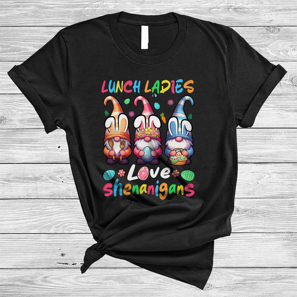 MacnyStore - Lunch Ladies Love Shenanigans, Lovely Easter Day Three Gnomes Bunny, Lunch Lady Group T-Shirt