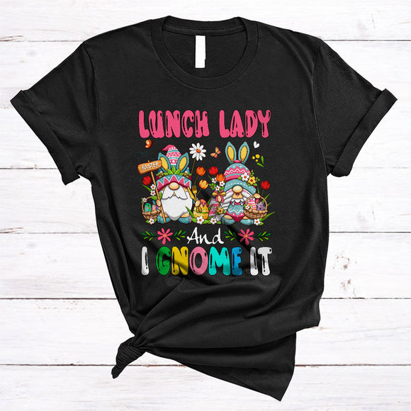 MacnyStore - Lunch Lady And I Gnome It, Awesome Easter Day Couple Bunny Gnomes, Gnomies Egg Hunt Group T-Shirt
