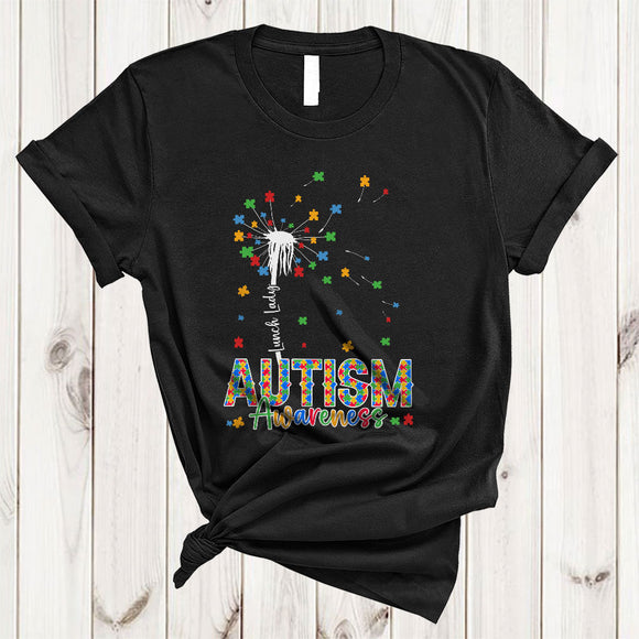 MacnyStore - Lunch Lady Autism Awareness, Colorful Autism Puzzle Pieces Dandelion, Flowers Family Group T-Shirt