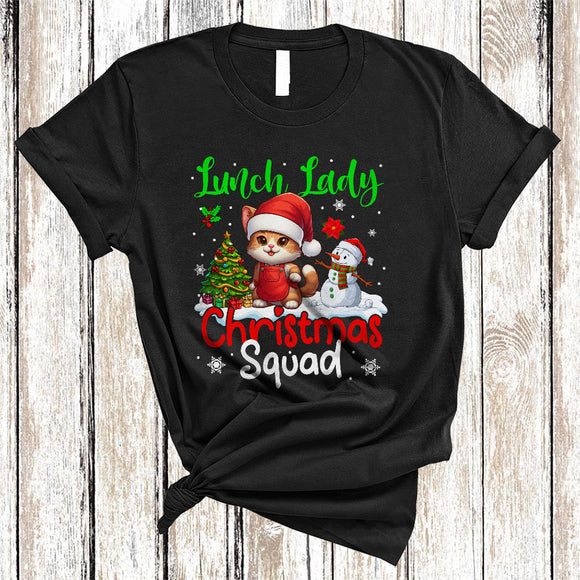 MacnyStore - Lunch Lady Christmas Squad, Humorous Christmas Santa Cat Lunch Lady Lover, X-mas Family Group T-Shirt