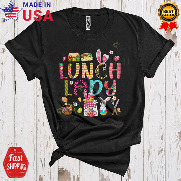 MacnyStore - Lunch Lady Cool Funny Easter Bunny Gnome Hunting Easter Plaid Leopard Eggs Group T-Shirt