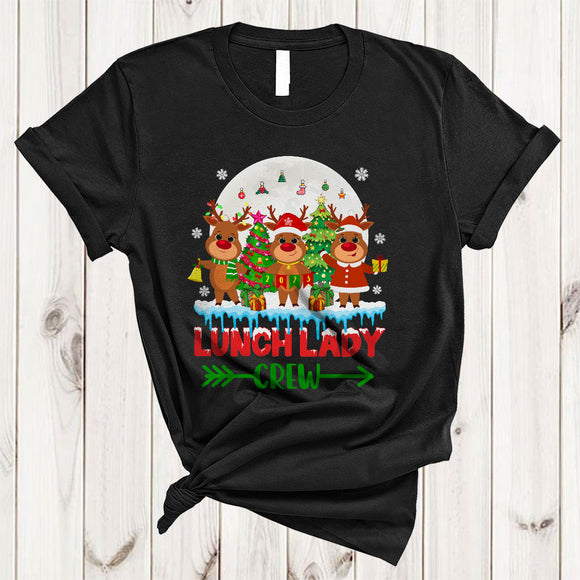 MacnyStore - Lunch Lady Crew 2023, Cute Adorable Christmas Tree Three Reindeers, Matching X-mas Group T-Shirt