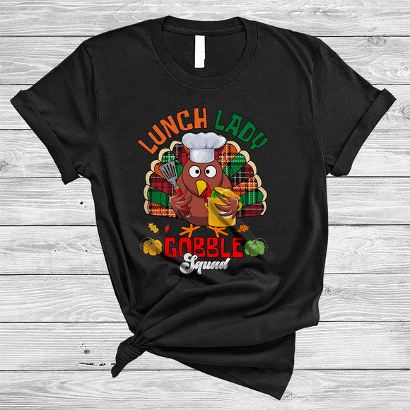 MacnyStore - Lunch Lady Gobble Squad, Humorous Thanksgiving Turkey With Plaid Tail, Lunch Lady Group T-Shirt
