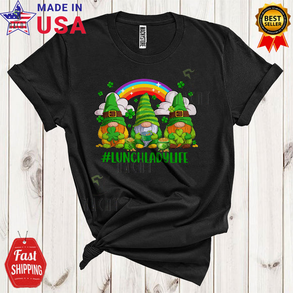 MacnyStore - Lunch Lady Life Cute Cool St. Patrick's Day Three Gnomes Shamrock Rainbow Matching Lunch Lady Group T-Shirt