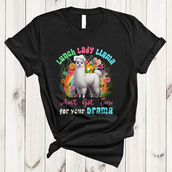 MacnyStore - Lunch Lady Llama Ain't Got Time, Lovely Llama Flowers Rainbow, Matching Lunch Lady Group T-Shirt