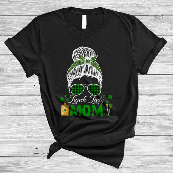 MacnyStore - Lunch Lady Mom, Awesome St. Patrick's Day Green Leopard Plaid Bun Hair Women, Shamrocks T-Shirt