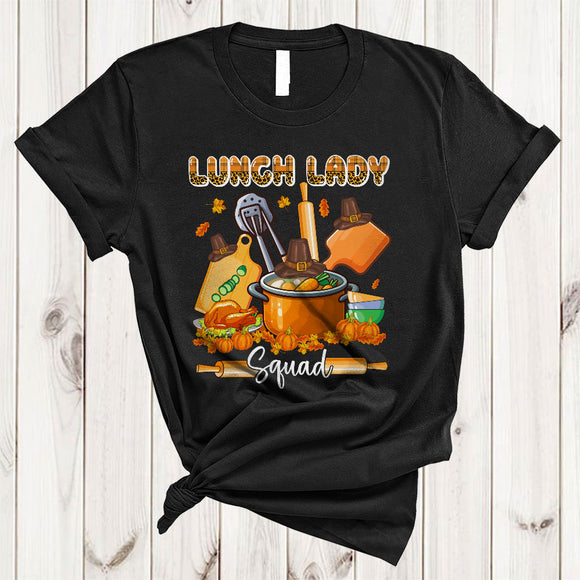 MacnyStore - Lunch Lady Squad, Awesome Thanksgiving Leopard Plaid Lunch Lady Tools, Fall Leaf Turkey T-Shirt