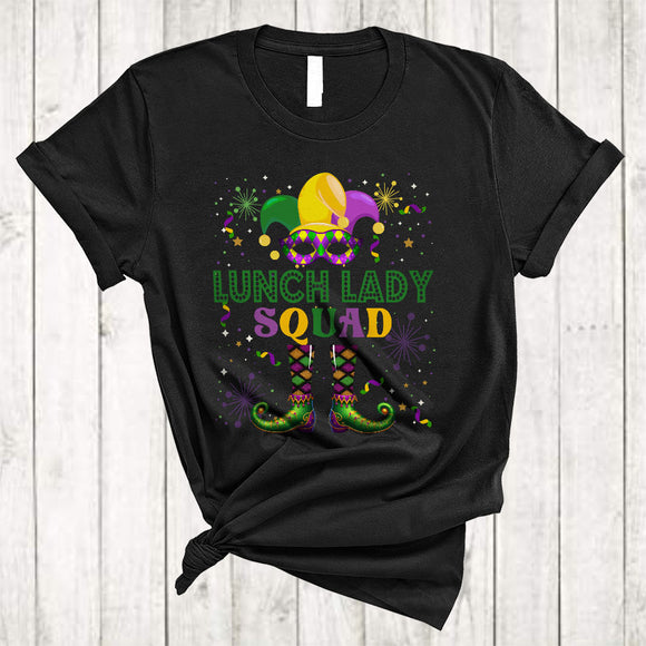 MacnyStore - Lunch Lady Squad, Humorous Mardi Gras Costume Mask Jester Hat Beads, Lunch Lady Parades Group T-Shirt