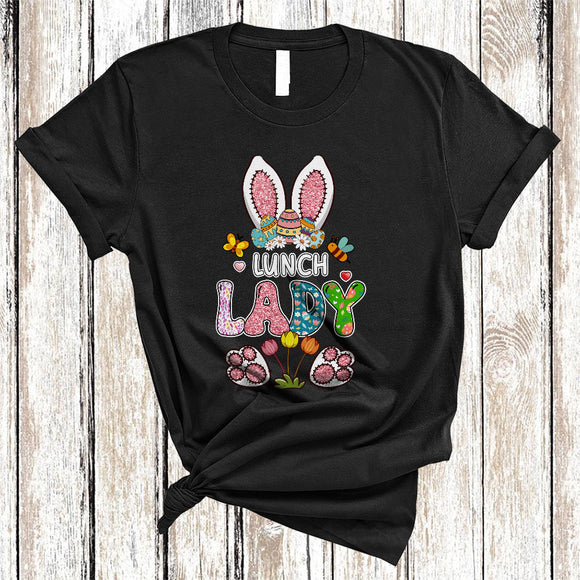 MacnyStore - Lunch Lady, Adorable Easter Day Leopard Flowers Bunny Lover, Matching Lunch Lady Group T-Shirt