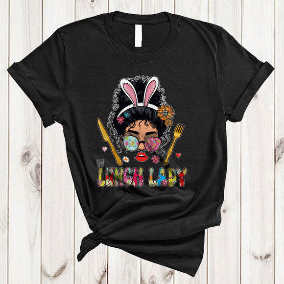 MacnyStore - Lunch Lady, Adorable Easter Messy Bun Hair Women Bunny, Flowers Easter Eggs Sunglasses T-Shirt