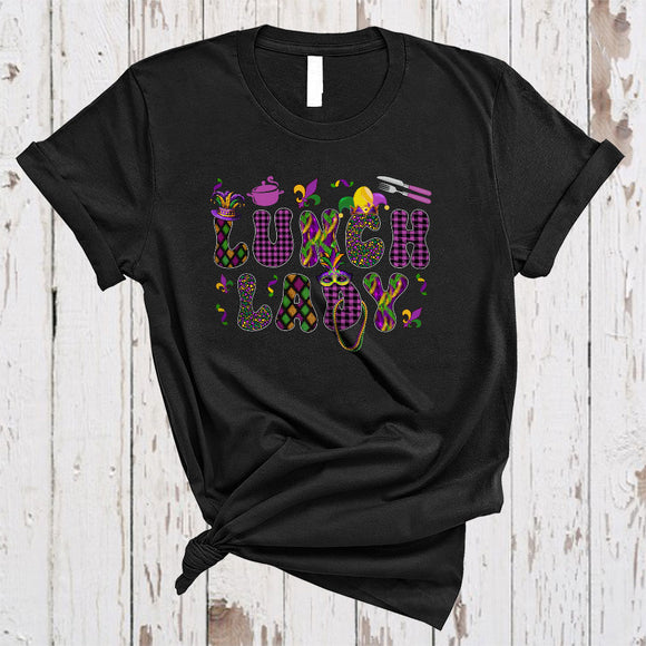 MacnyStore - Lunch Lady, Cheerful Mardi Gras Plaid Mask Jester Hat Beads, Parades Matching Lunch Lady Squad T-Shirt